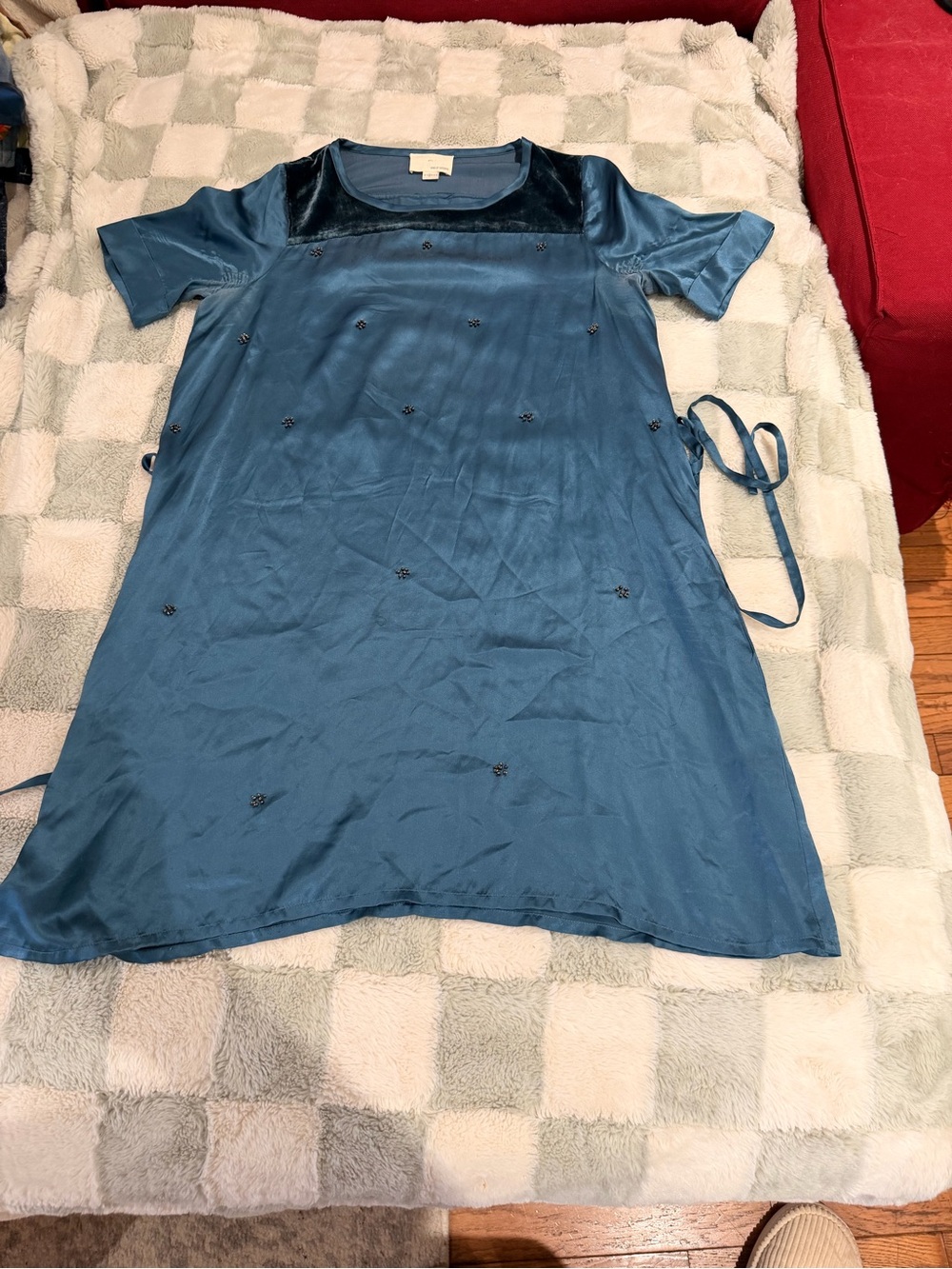 Band Of Outsiders silk beaded Girls Blue Velvet-Trim Dress